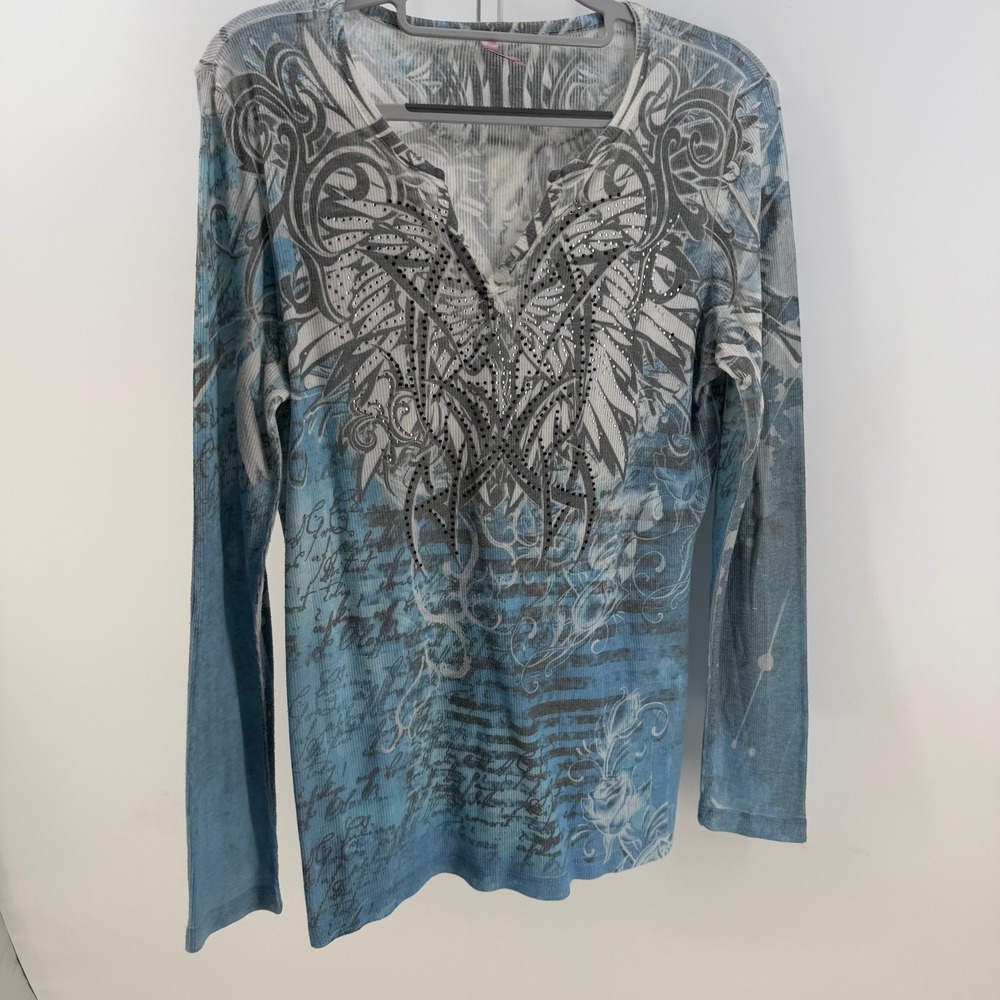 Kiara Top Womens Large Blue Rhinestone Wing Graphic Long Sleeve Y2K McBling Edgy